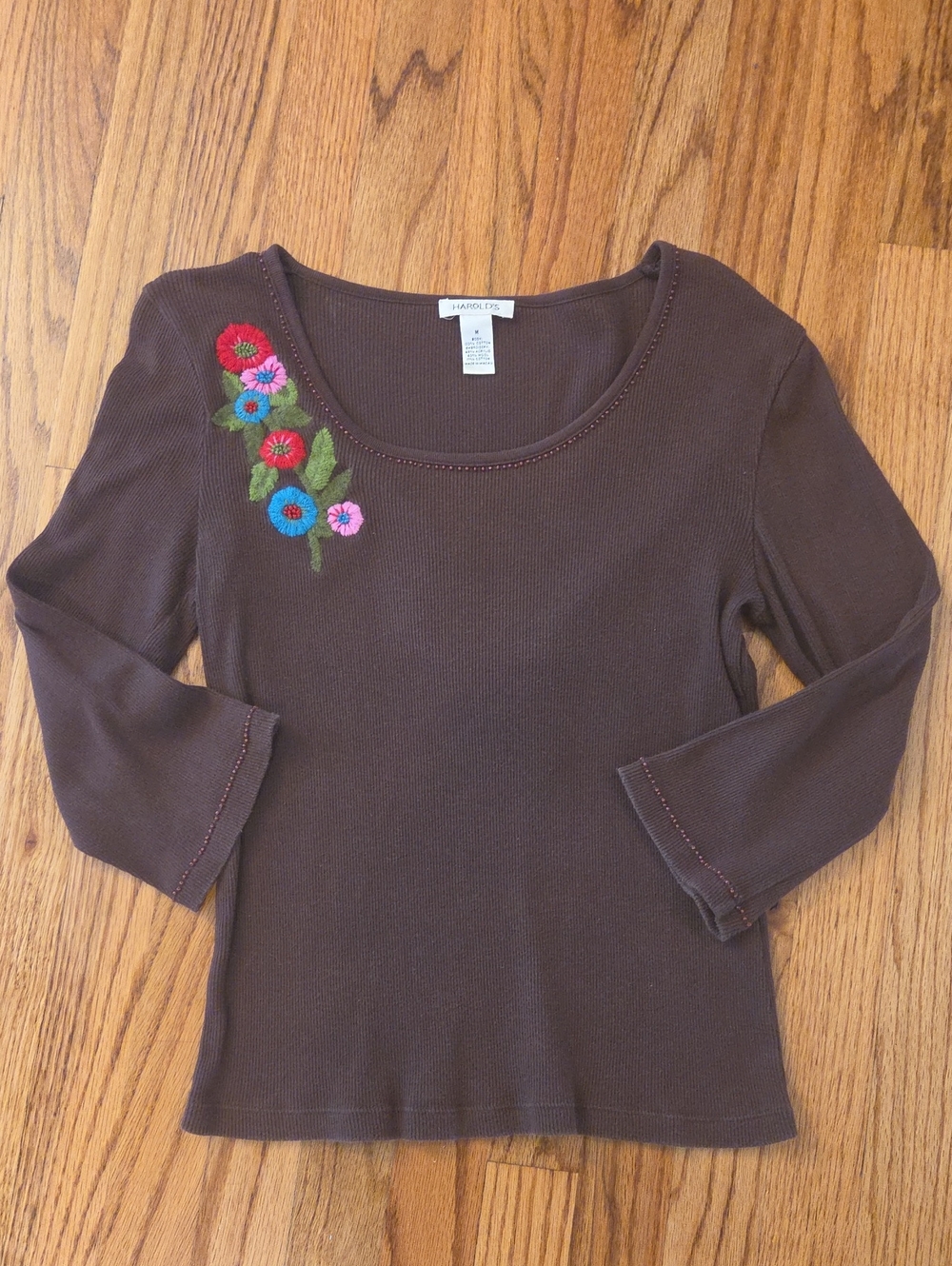 Harold's Chocolate Brown Ribbed 3/4-Sleeve Top w/ Floral Shoulder Embroidery:  M